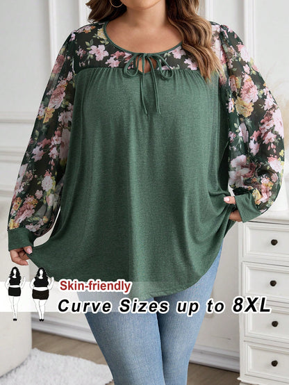 CURVE+ Plus Size V-Neck Knotted Floral Print Casual Versatile Long Sleeve T-Shirt/Winter Fall