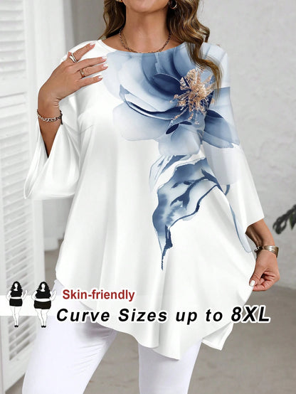 CURVE+ Plus Size Women Holiday Floral Print Round Neck 3/4 Sleeve Loose Asymmetric Hem Blouse Tops Curve 8xl 5xl Autumn Chic Blouses For Fall