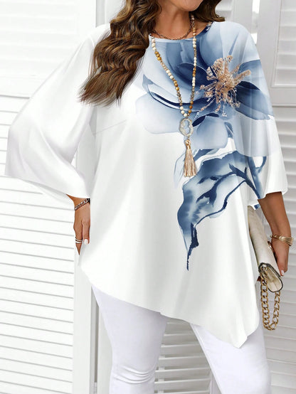 CURVE+ Plus Size Women Holiday Floral Print Round Neck 3/4 Sleeve Loose Asymmetric Hem Blouse Tops Curve 8xl 5xl Autumn Chic Blouses For Fall