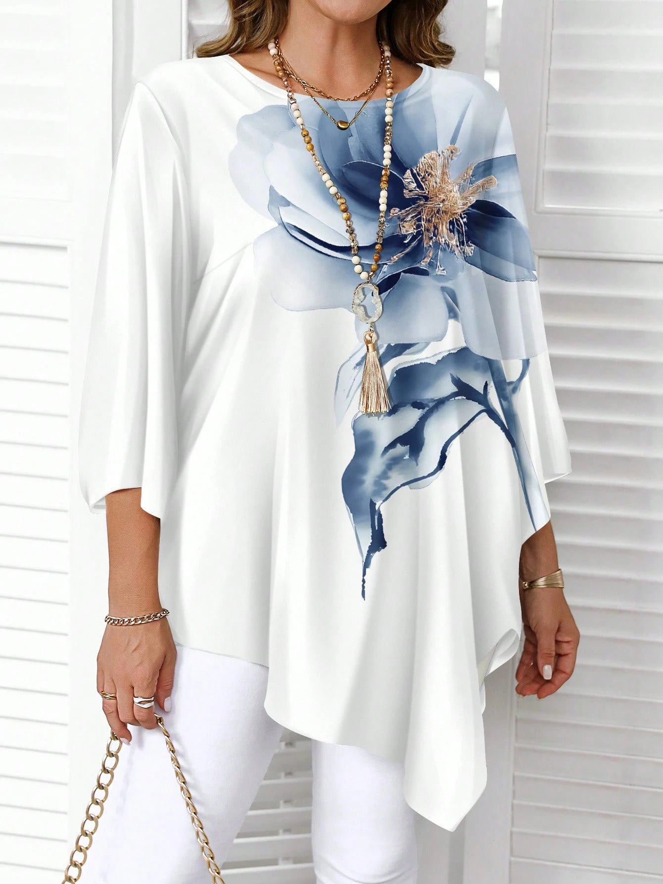 CURVE+ Plus Size Women Holiday Floral Print Round Neck 3/4 Sleeve Loose Asymmetric Hem Blouse Tops Curve 8xl 5xl Autumn Chic Blouses For Fall