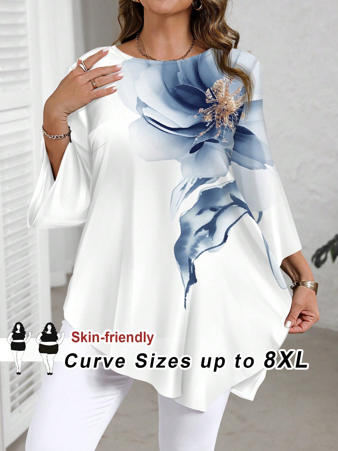 CURVE+ Plus Size Women Holiday Floral Print Round Neck 3/4 Sleeve Loose Asymmetric Hem Blouse Tops Curve 8xl 5xl Autumn Chic Blouses For Fall