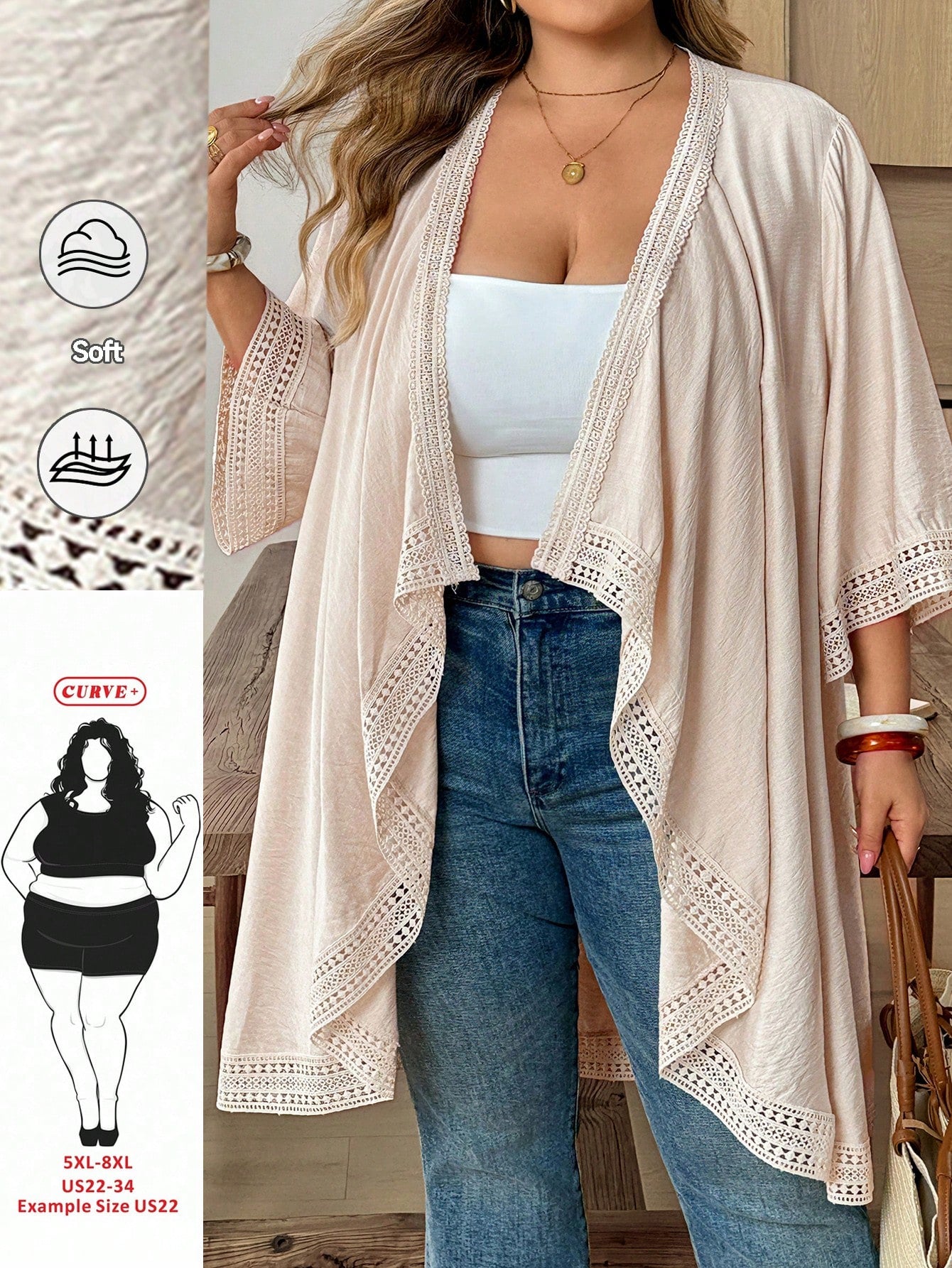 CURVE+ Plus Size Women's Loose Asymmetric Hem Lace Patchwork Jacket, Summer Vacation, Beach Carribean Vacation Holiday Cover Ups For Swimwear Orange Boho