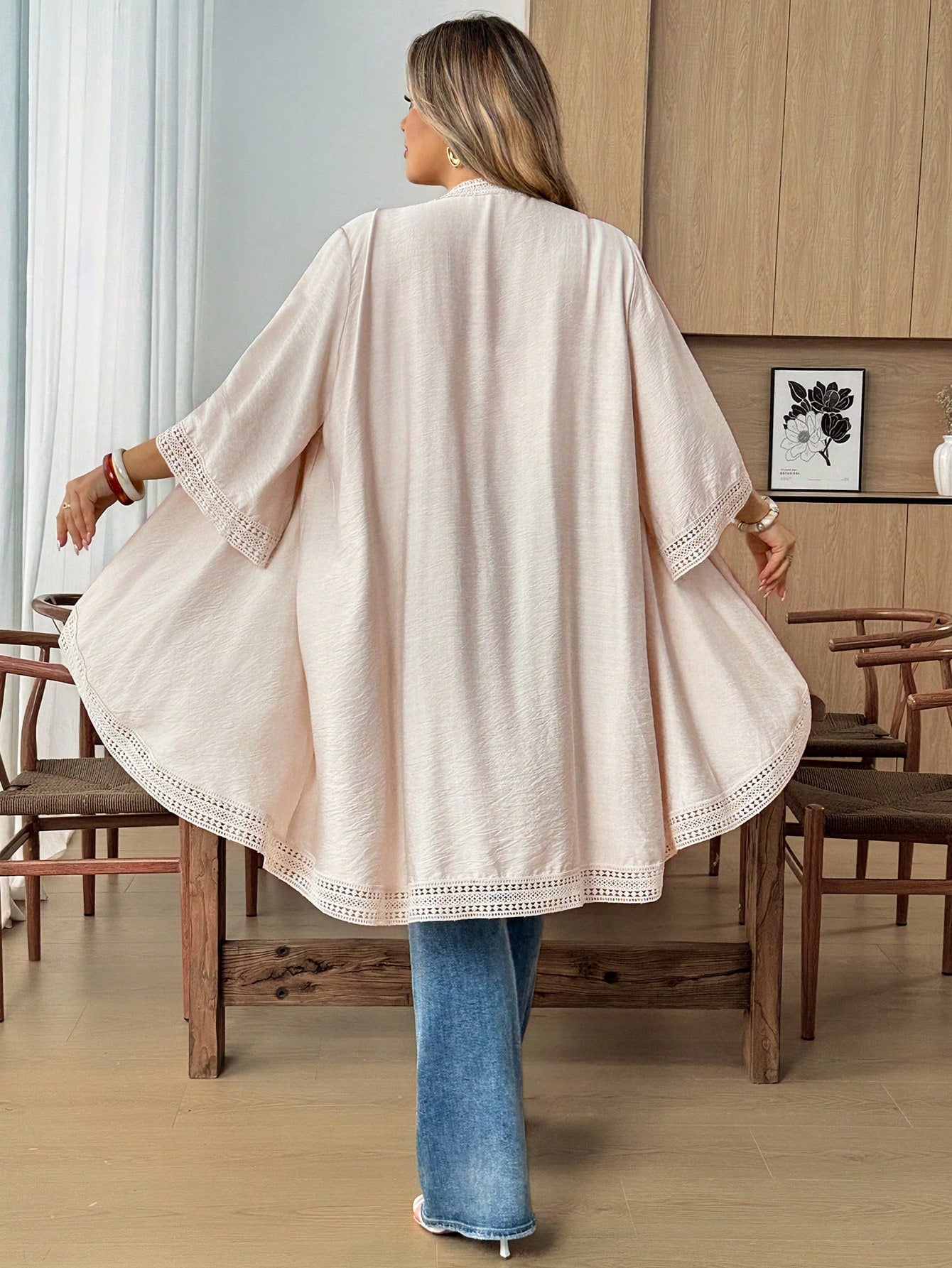 CURVE+ Plus Size Women's Loose Asymmetric Hem Lace Patchwork Jacket, Summer Vacation, Beach Carribean Vacation Holiday Cover Ups For Swimwear Orange Boho
