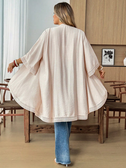 CURVE+ Plus Size Women's Loose Asymmetric Hem Lace Patchwork Jacket, Summer Vacation, Beach Carribean Vacation Holiday Cover Ups For Swimwear Orange Boho