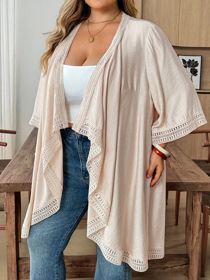CURVE+ Plus Size Women's Loose Asymmetric Hem Lace Patchwork Jacket, Summer Vacation, Beach Carribean Vacation Holiday Cover Ups For Swimwear Orange Boho