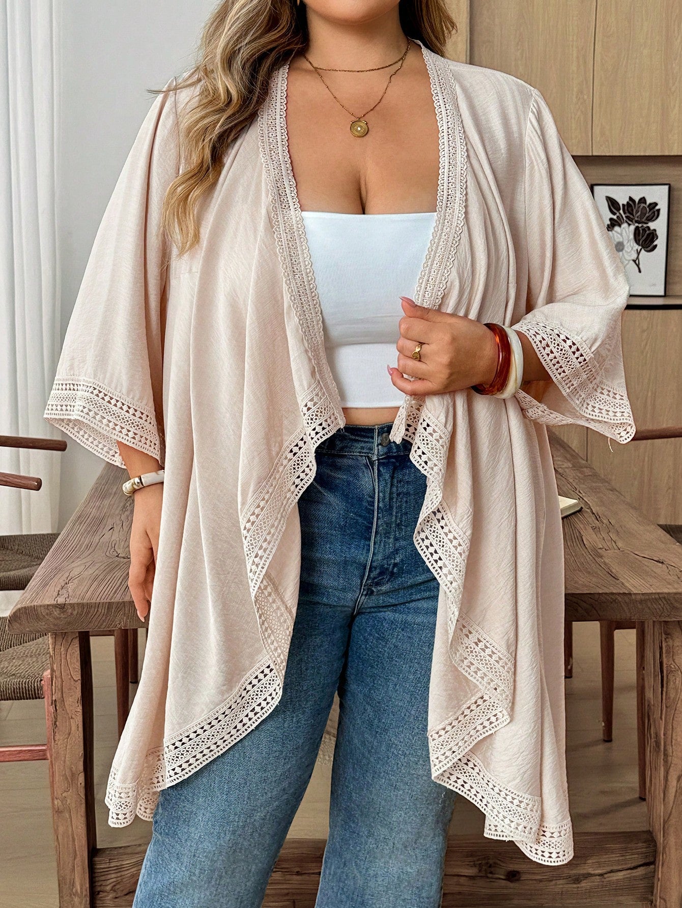 CURVE+ Plus Size Women's Loose Asymmetric Hem Lace Patchwork Jacket, Summer Vacation, Beach Carribean Vacation Holiday Cover Ups For Swimwear Orange Boho