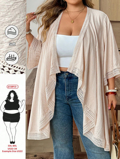 CURVE+ Plus Size Women's Loose Asymmetric Hem Lace Patchwork Jacket, Summer Vacation, Beach Carribean Vacation Holiday Cover Ups For Swimwear Orange Boho