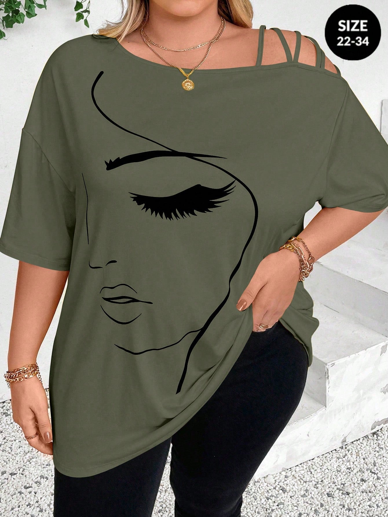 CURVE+ Plus Size Women Summer Abstract Face Print Asymmetric Neck Loose Casual T-Shirt Graphic Tees Women Tops