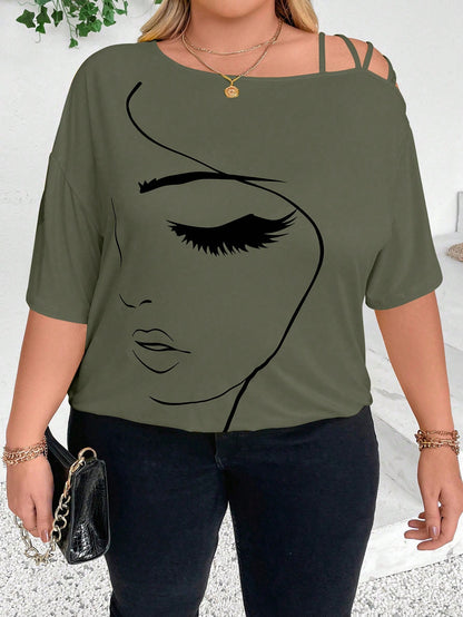 CURVE+ Plus Size Women Summer Abstract Face Print Asymmetric Neck Loose Casual T-Shirt Graphic Tees Women Tops
