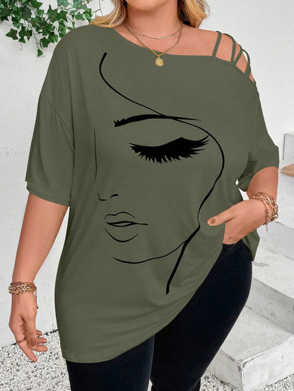 CURVE+ Plus Size Women Summer Abstract Face Print Asymmetric Neck Loose Casual T-Shirt Graphic Tees Women Tops