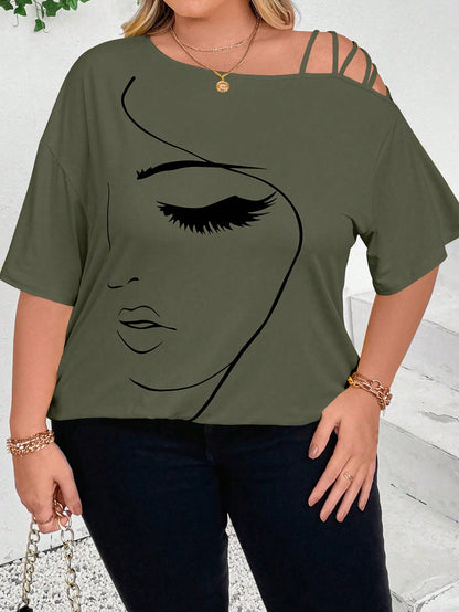 CURVE+ Plus Size Women Summer Abstract Face Print Asymmetric Neck Loose Casual T-Shirt Graphic Tees Women Tops