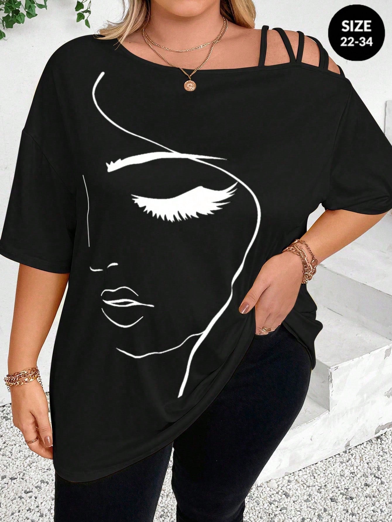 CURVE+ Plus Size Women Summer Abstract Face Print Asymmetric Neck Loose Casual T-Shirt Graphic Tees Women Tops