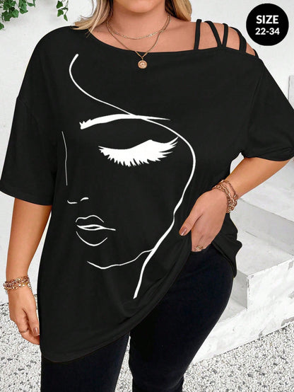 CURVE+ Plus Size Women Summer Abstract Face Print Asymmetric Neck Loose Casual T-Shirt Graphic Tees Women Tops