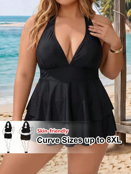 CURVE+ Plus Size Women Summer Beach Solid Color Halter Neck Tankini Set