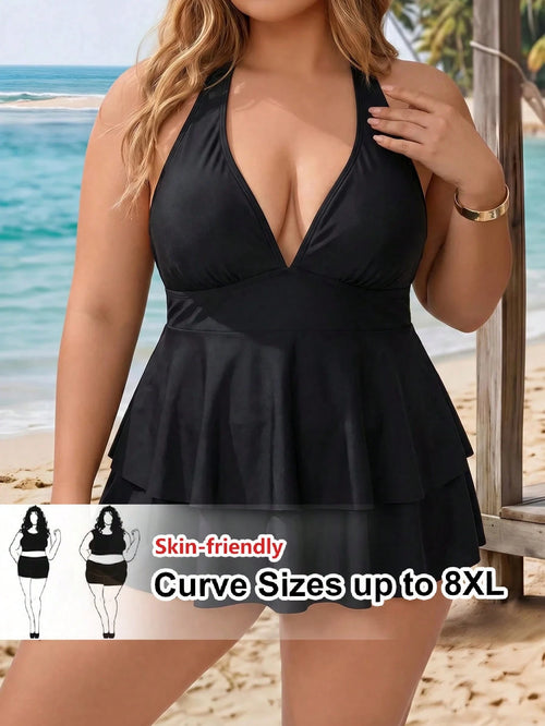 CURVE+ Plus Size Women Summer Beach Solid Color Halter Neck Tankini Set