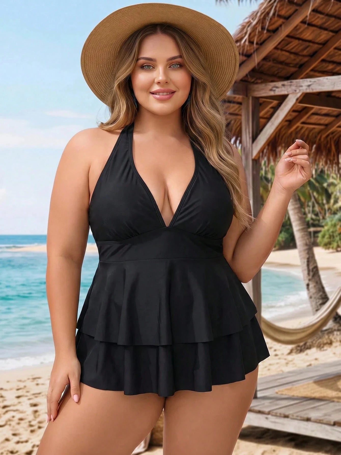 CURVE+ Plus Size Women Summer Beach Solid Color Halter Neck Tankini Set