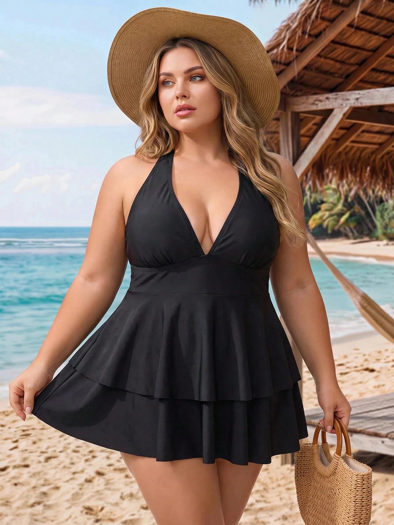CURVE+ Plus Size Women Summer Beach Solid Color Halter Neck Tankini Set
