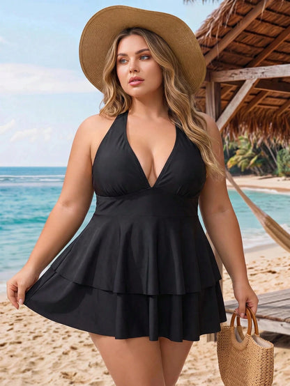 CURVE+ Plus Size Women Summer Beach Solid Color Halter Neck Tankini Set