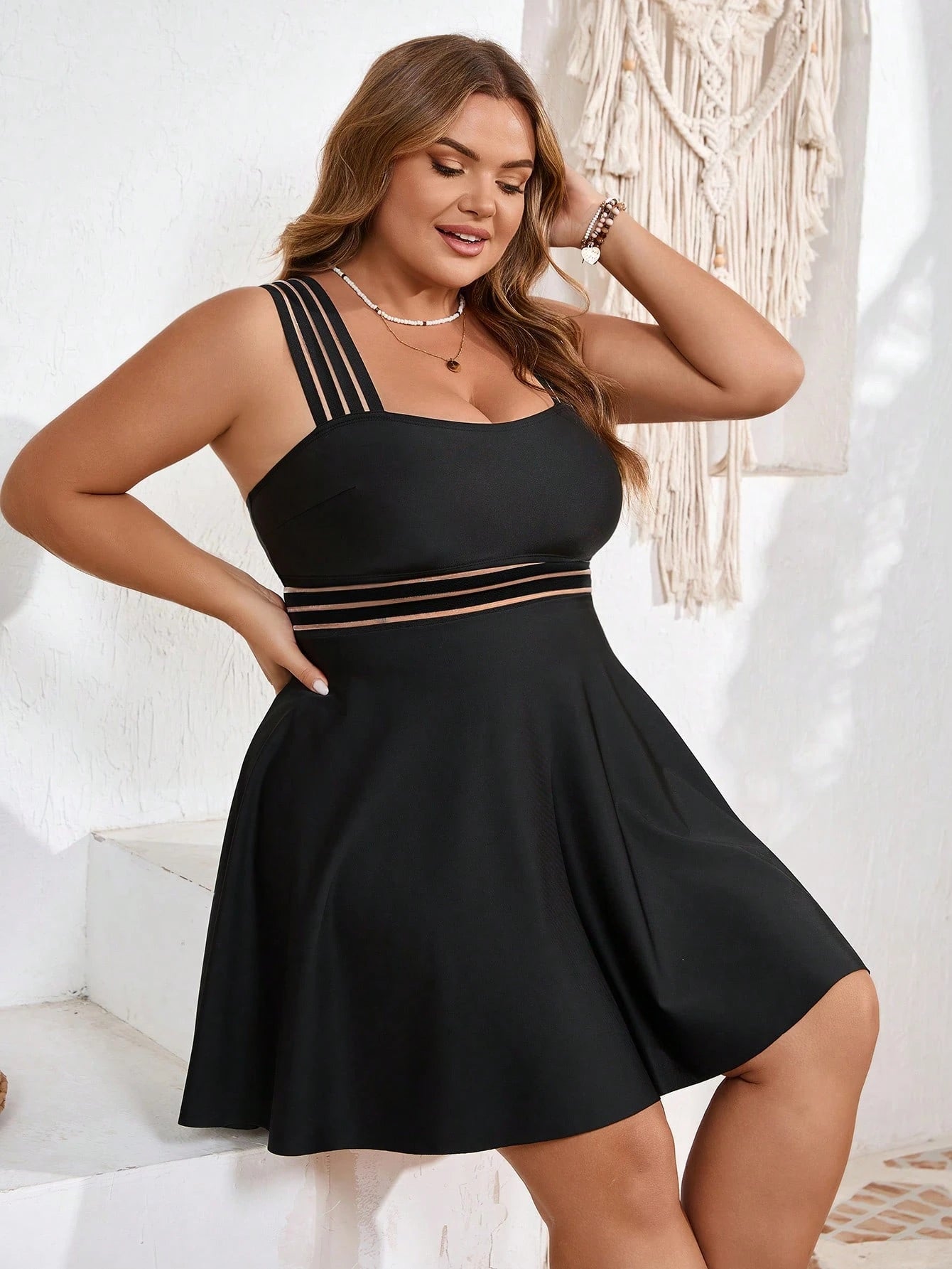 CURVE+ Summer Beach Plus Size Swimwear Set,Ladies'Solid Color Black Bathing Suit,Kawaii Vacay Vibe 2 Pieces Sets Woman,Vacation Outfits For Beach Holiday
