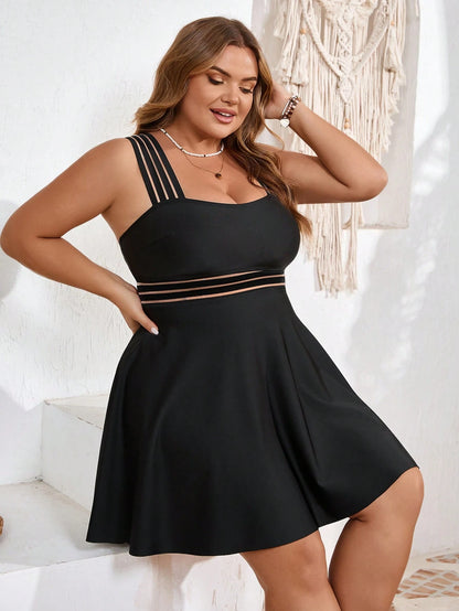 CURVE+ Summer Beach Plus Size Swimwear Set,Ladies'Solid Color Black Bathing Suit,Kawaii Vacay Vibe 2 Pieces Sets Woman,Vacation Outfits For Beach Holiday