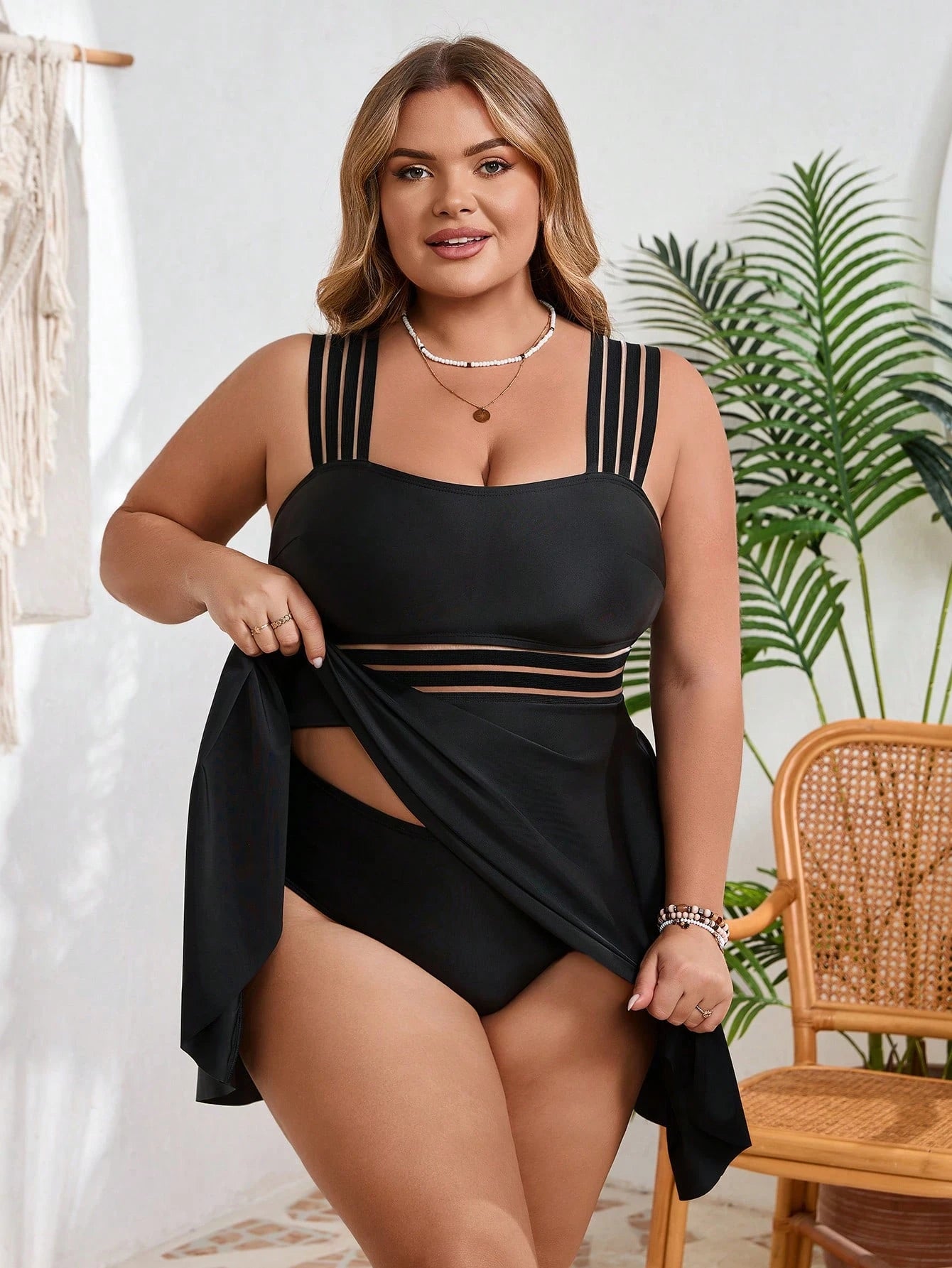 CURVE+ Summer Beach Plus Size Swimwear Set,Ladies'Solid Color Black Bathing Suit,Kawaii Vacay Vibe 2 Pieces Sets Woman,Vacation Outfits For Beach Holiday