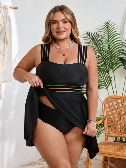 CURVE+ Summer Beach Plus Size Swimwear Set,Ladies'Solid Color Black Bathing Suit,Kawaii Vacay Vibe 2 Pieces Sets Woman,Vacation Outfits For Beach Holiday