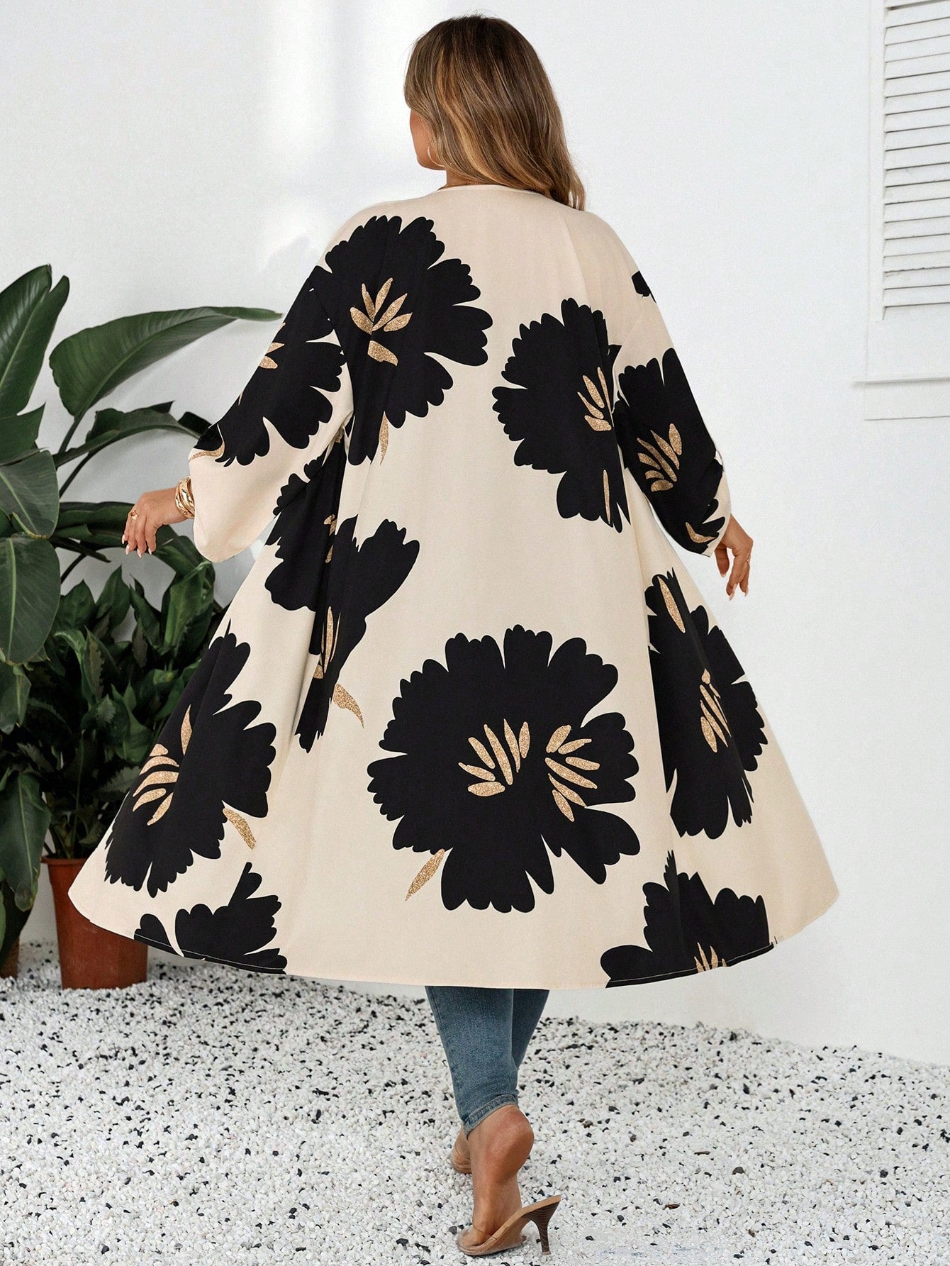 CURVE+ White Semi-Transparent Kimono Sleeve Jacket, Decorated With Bold Floral Print, Mid-Length Design, Casual Long Cover Up, Women's Casual Wear, Long Cover Up, Women's Summer Spring Wear, Wom