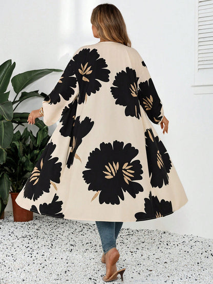 CURVE+ White Semi-Transparent Kimono Sleeve Jacket, Decorated With Bold Floral Print, Mid-Length Design, Casual Long Cover Up, Women's Casual Wear, Long Cover Up, Women's Summer Spring Wear, Wom