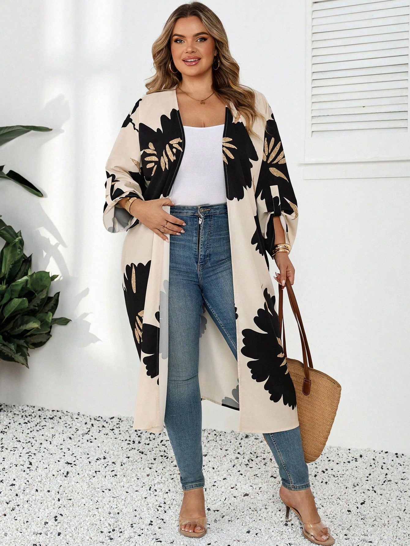 CURVE+ White Semi-Transparent Kimono Sleeve Jacket, Decorated With Bold Floral Print, Mid-Length Design, Casual Long Cover Up, Women's Casual Wear, Long Cover Up, Women's Summer Spring Wear, Wom