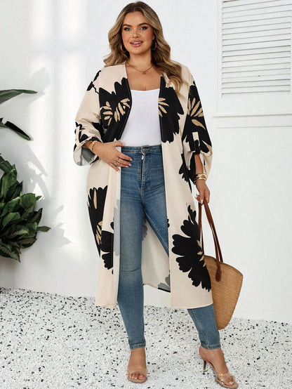 CURVE+ White Semi-Transparent Kimono Sleeve Jacket, Decorated With Bold Floral Print, Mid-Length Design, Casual Long Cover Up, Women's Casual Wear, Long Cover Up, Women's Summer Spring Wear, Wom