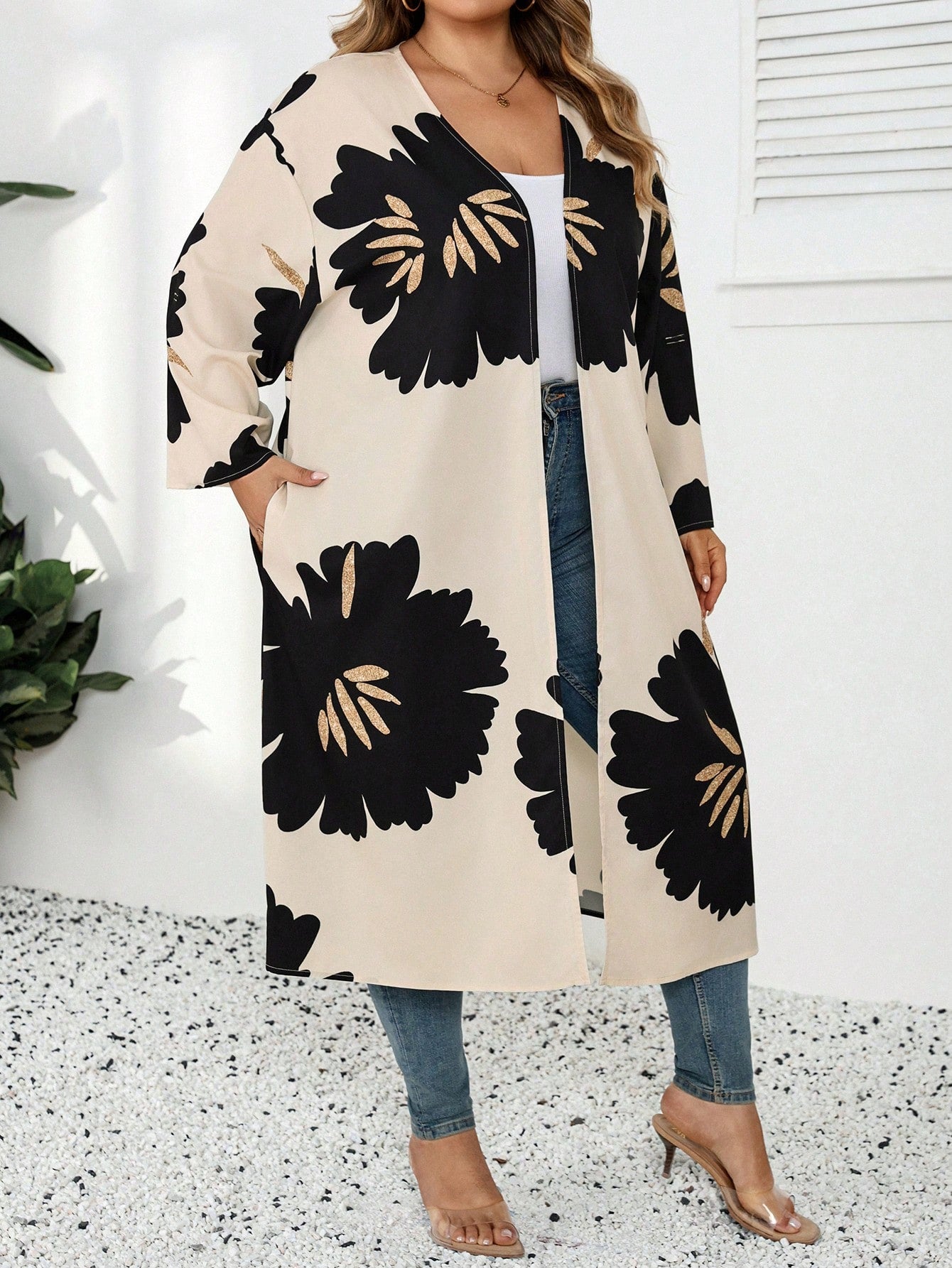 CURVE+ White Semi-Transparent Kimono Sleeve Jacket, Decorated With Bold Floral Print, Mid-Length Design, Casual Long Cover Up, Women's Casual Wear, Long Cover Up, Women's Summer Spring Wear, Wom