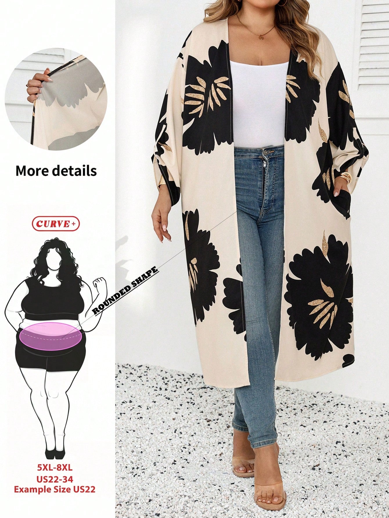 CURVE+ White Semi-Transparent Kimono Sleeve Jacket, Decorated With Bold Floral Print, Mid-Length Design, Casual Long Cover Up, Women's Casual Wear, Long Cover Up, Women's Summer Spring Wear, Wom