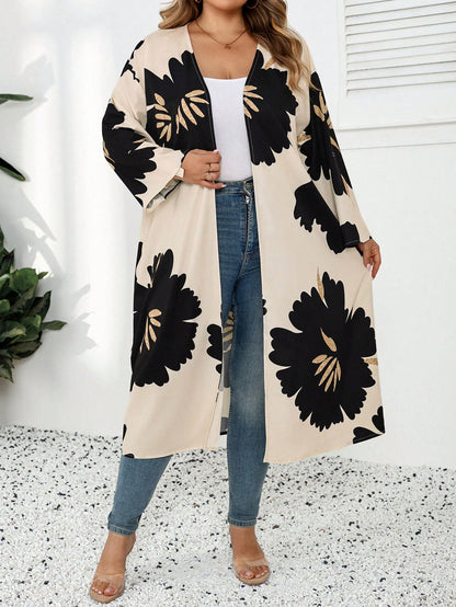 CURVE+ White Semi-Transparent Kimono Sleeve Jacket, Decorated With Bold Floral Print, Mid-Length Design, Casual Long Cover Up, Women's Casual Wear, Long Cover Up, Women's Summer Spring Wear, Wom