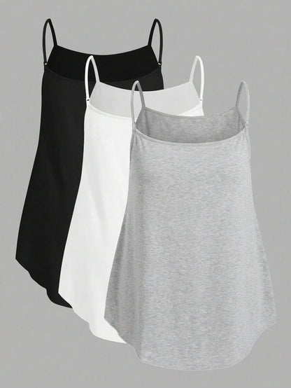 CURVE+ Women's Solid Color Casual Versatile Everyday Camisole Tank Tops 3pcs/Set Date Night Lounge Black Gray White Summer