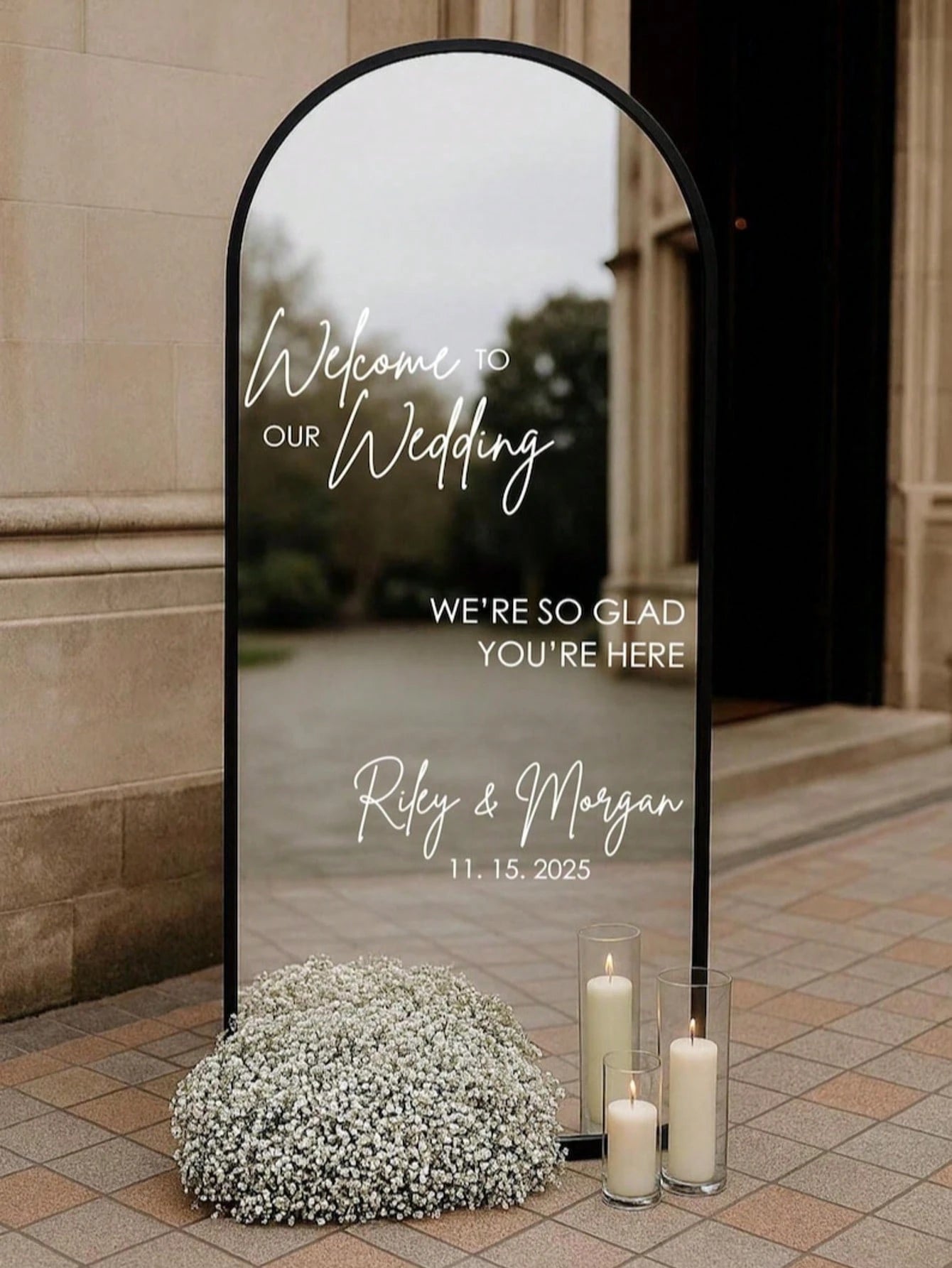 Customizable Wedding Mirror Decals- Personalized Date And Name, Elegant White Wedding Stickers, Suitable For Bridal Shower, Birthday, Housewarming, Wedding Decoration, Valentine's Day, Mirror Selfie