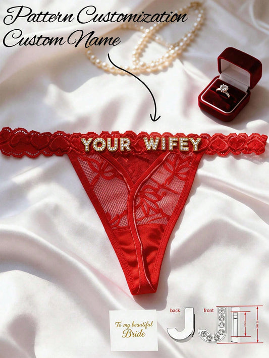 Customized Crystal Letter Name Lace Thong, Sexy Metal Thong Lingerie, Valentine's Day, Christmas, Birthday Gift For Wife, Anniversary Gift