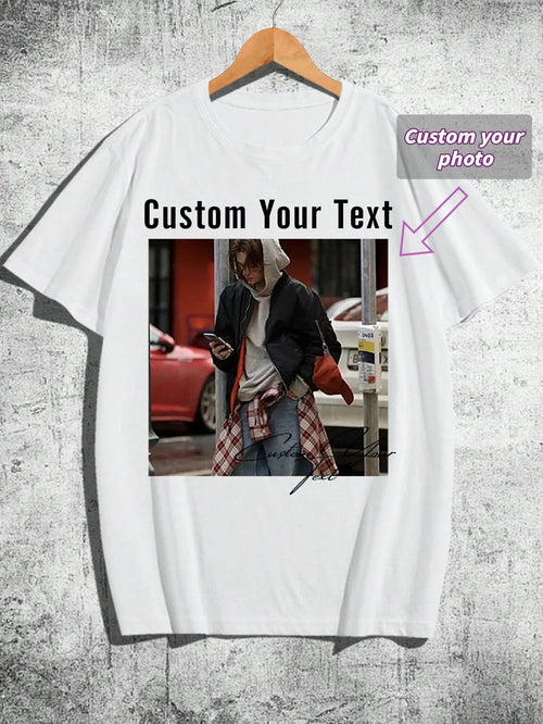 Customized Men's T-Shirt, Personalized Black Tee Upload Your Photo Text For Anniversary Birthday Gift, Custom Men Top, Father's Day Gift