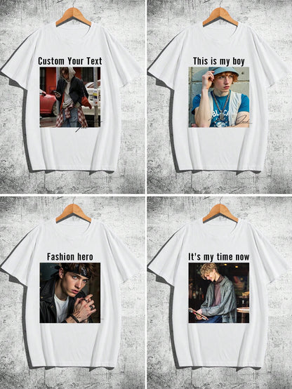 Customized Men's T-Shirt, Personalized Black Tee Upload Your Photo Text For Anniversary Birthday Gift, Custom Men Top, Father's Day Gift
