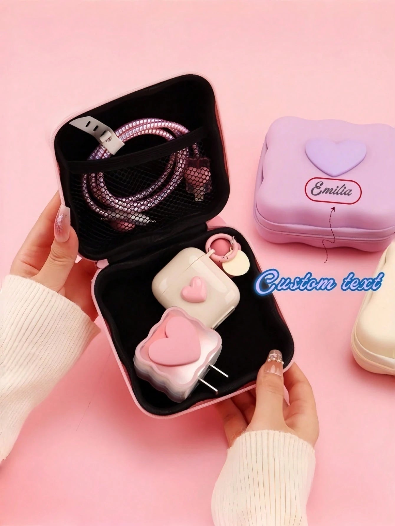 Customized Name Heart-Shaped Data Cable Storage Bag, Portable Wavy Hard Shell Charger & Earphone Storage Box, Personalized Engraved Text & Number Accessory Pouch With Wrist Strap, Data Cable Travel Or