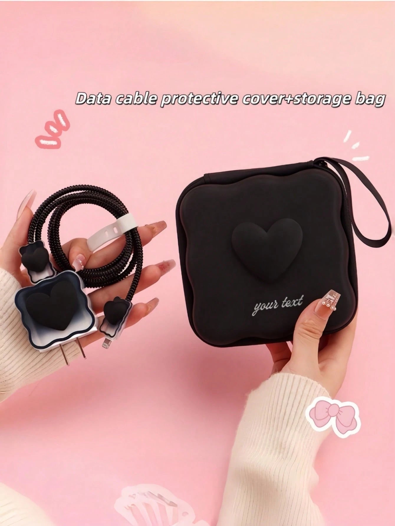 Customized Name Heart-Shaped Data Cable Storage Bag, Portable Wavy Hard Shell Charger & Earphone Storage Box, Personalized Engraved Text & Number Accessory Pouch With Wrist Strap, Data Cable Travel Or
