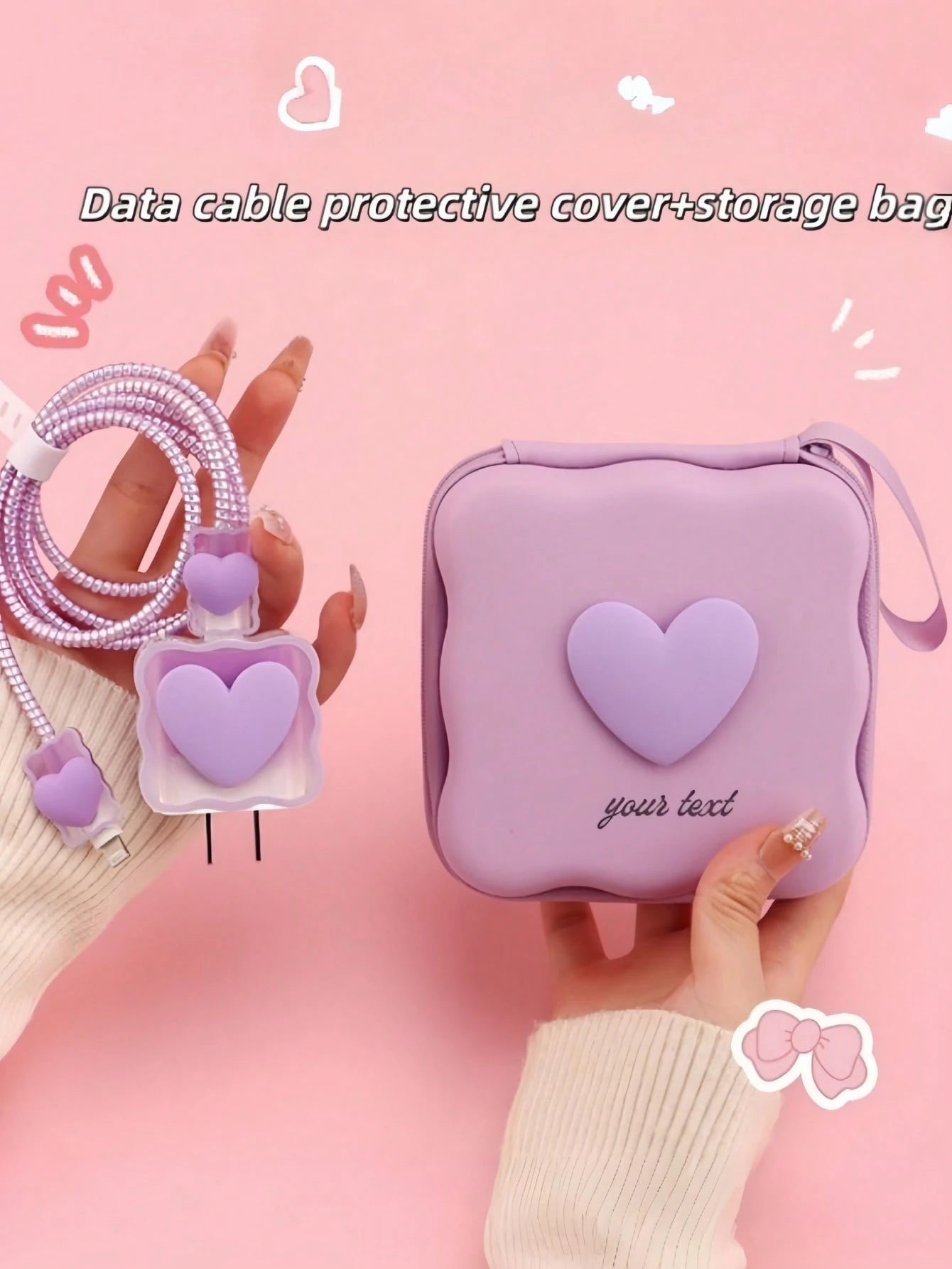 Customized Name Heart-Shaped Data Cable Storage Bag, Portable Wavy Hard Shell Charger & Earphone Storage Box, Personalized Engraved Text & Number Accessory Pouch With Wrist Strap, Data Cable Travel Or