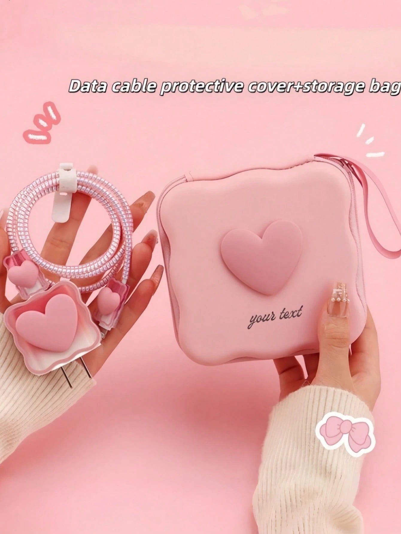 Customized Name Heart-Shaped Data Cable Storage Bag, Portable Wavy Hard Shell Charger & Earphone Storage Box, Personalized Engraved Text & Number Accessory Pouch With Wrist Strap, Data Cable Travel Or
