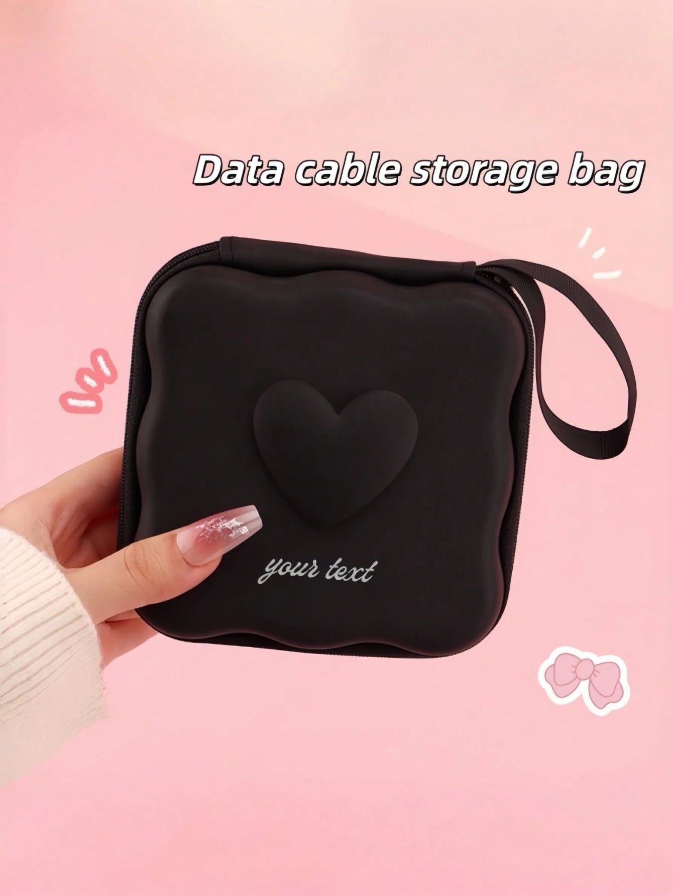 Customized Name Heart-Shaped Data Cable Storage Bag, Portable Wavy Hard Shell Charger & Earphone Storage Box, Personalized Engraved Text & Number Accessory Pouch With Wrist Strap, Data Cable Travel Or