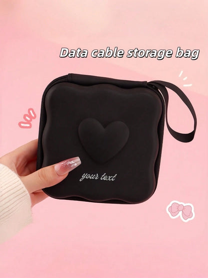 Customized Name Heart-Shaped Data Cable Storage Bag, Portable Wavy Hard Shell Charger & Earphone Storage Box, Personalized Engraved Text & Number Accessory Pouch With Wrist Strap, Data Cable Travel Or