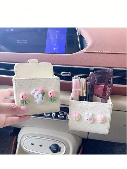 Cute Car Air Vent Storage Pouch, Vehicle Phone Holder Organizer Pocket (Random Color Black Or White)