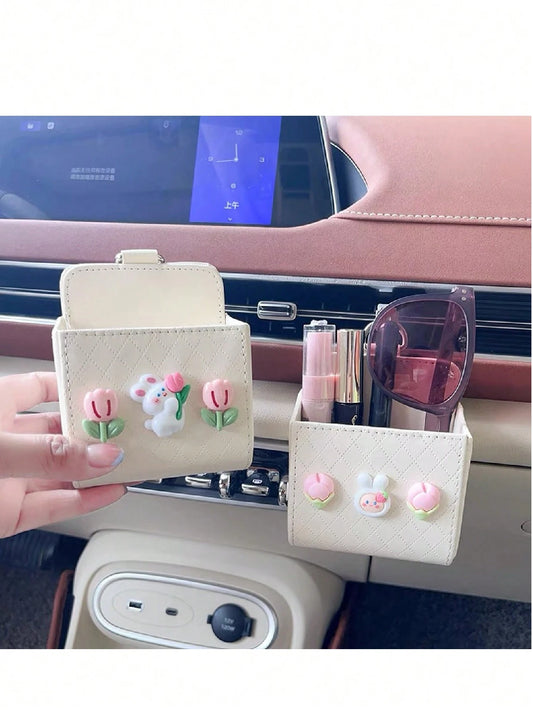 Cute Car Air Vent Storage Pouch, Vehicle Phone Holder Organizer Pocket (Random Color Black Or White)