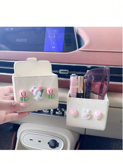 Cute Car Air Vent Storage Pouch, Vehicle Phone Holder Organizer Pocket (Random Color Black Or White)
