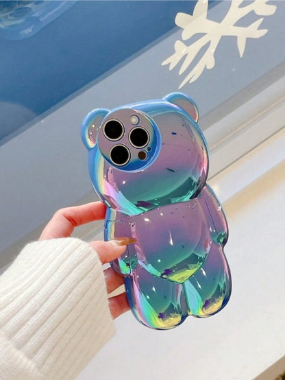Cute Holographic 3D Bear Design Phone Case Compatible With Iphone 14 Pro Max, IPhone 13, 12Pro, 11 Waterproof Shockproof Anti-Fall Scratch Resistant