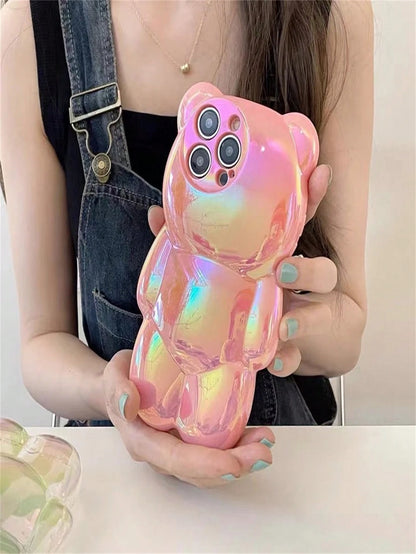 Cute Holographic 3D Bear Design Phone Case Compatible With Iphone 14 Pro Max, IPhone 13, 12Pro, 11 Waterproof Shockproof Anti-Fall Scratch Resistant