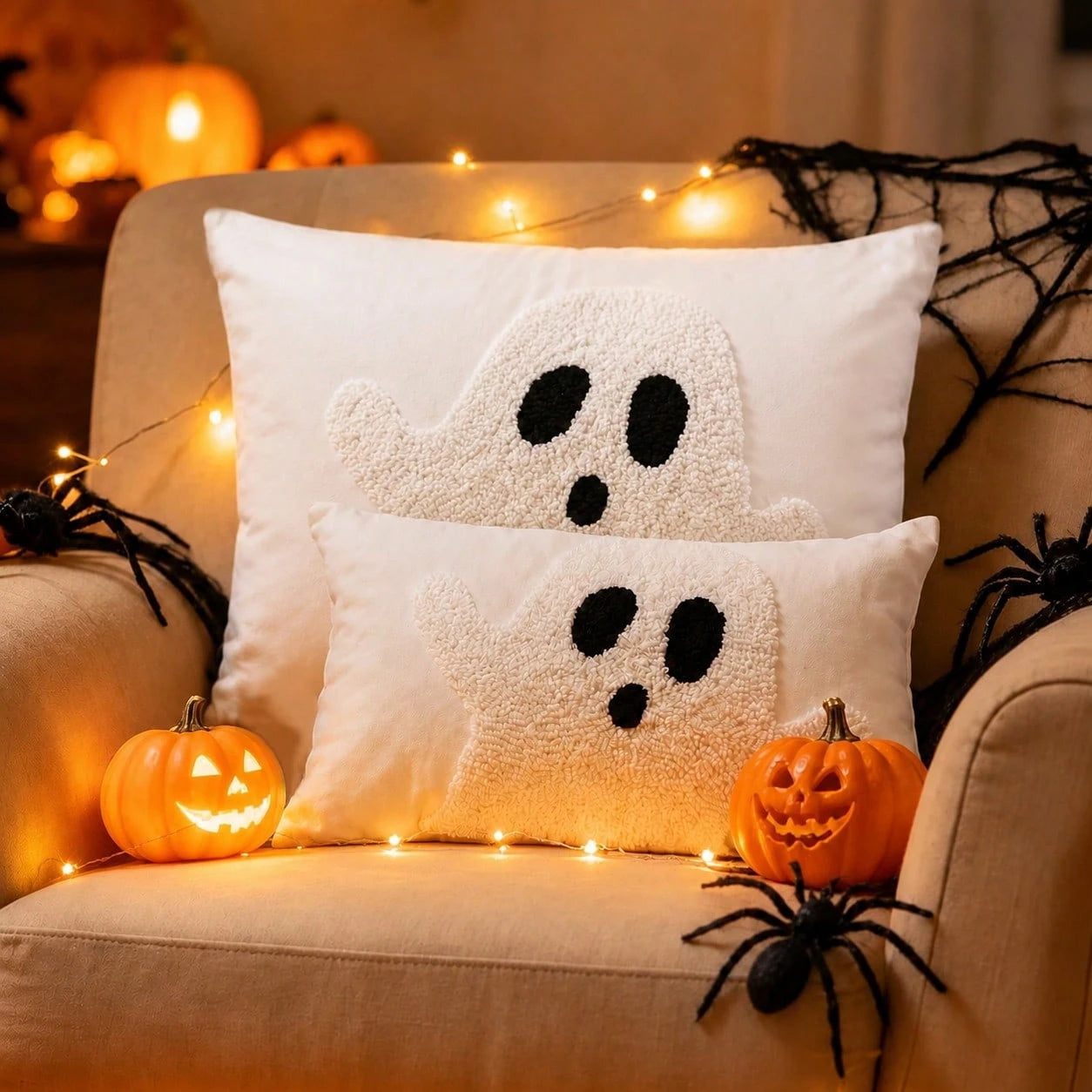 Cute Loop Fleece Ghost Halloween Pillow Cover, Soft Decorative Cushion Cover For Autumn Home Sofa Decoration